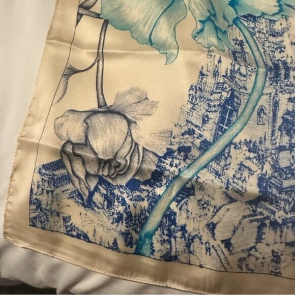 Satin Scarf Women neckerchief Shawl Floral Scene 21"x21" peony-style blooms - Picture 7 of 13